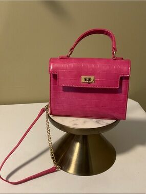 Structured Croc-Embossed Top-Handle Satchel in Hot Pink